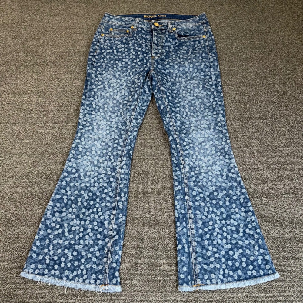 Michael Kors Blue Floral Print Flare Jeans Button Fly Raw Hem Size 2 Boho Casual